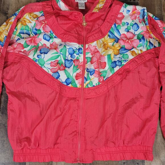 Lavon Jacket Nylon Windbreaker Pink Floral Vintage‎ Medium w/ Shoulder Pads - Picture 6 of 13